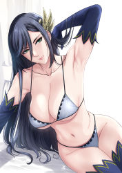 Rule 34 | 1girl, armpit lips, armpits, black hair, blue thighhighs, breasts, brunhilde (shuumatsu no valkyrie), duplicate, elbow gloves, gloves, green eyes, highres, large breasts, long hair, lying, on bed, on side, pixel-perfect duplicate, shuumatsu no valkyrie, simple background, smile, solo, thighhighs, valkyrie, white background, wing hair ornament, xter