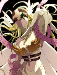 Rule 34 | 1girl, angel, angel wings, angewomon, asymmetrical clothes, bare shoulders, belt, black background, blonde hair, bodysuit, breasts, cleavage, clothing cutout, commentary, covered collarbone, covered eyes, cracked helmet, digimoji, digimon, digimon (creature), elbow gloves, feathered wings, fujihana (mugenpixel), gloves, hagoromo, helmet, helmet over eyes, highres, large breasts, light particles, long hair, multiple wings, navel, navel cutout, o-ring, o-ring belt, parted lips, pointing, shawl, single elbow glove, solo, stomach, white bodysuit, winged helmet, wings, wireframe, wrist wings