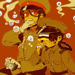 Rule 34 | @ @, aiguillette, belt, braid, braided ponytail, blowing bubbles, buttons, china, cigarette case, collared shirt, epaulettes, five-colored flag, gloves, hat, highres, manchukuo flag, military uniform, nanimonothing, original, peaked cap, personification, red-framed eyewear, red eyes, shirt, smoke, uniform