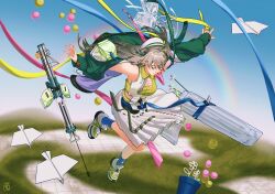 Rule 34 | 1girl, arknights, arrow (projectile), arrow (symbol), blue background, blue ribbon, blue socks, fartooth (arknights), fartooth (hear the wind sing) (arknights), flying, green footwear, green tank top, grey hair, highres, jacket, jacket partially removed, mon0ch, orb, paper airplane, plant, pleated skirt, potted plant, rainbow, ribbon, shoes, skirt, socks, solo, split depth, tank top, white footwear, white skirt