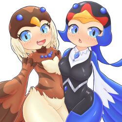 Rule 34 | 2girls, bird hat, bird hood, bird legs, bird tail, blonde hair, blue eyes, blush, breasts, brown wings, covered navel, duel monster, fang, harpy, highres, looking at viewer, lyrilusc - cobalt sparrow, lyrilusc - sapphire swallow, monster girl, multiple girls, open mouth, simple background, small breasts, suzuki (pixiv 94103823), tail, white background, winged arms, wings, yu-gi-oh!