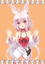 Rule 34 | 1girl, animal ear fluff, animal ears, arms up, blush, breasts, camisole, choker, highres, jacket, long hair, low twintails, midriff, navel, open mouth, orange background, pink eyes, pink hair, rabbit ears, red camisole, simple background, small breasts, smile, solo, striped clothes, striped thighhighs, tangent (reflans), thighhighs, tomari mari, tomari mari channel, twintails, virtual youtuber, white jacket