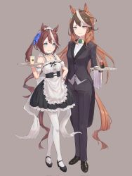 Rule 34 | 2girls, animal ears, apron, black footwear, black jacket, black pants, blue eyes, brown background, brown hair, butler, choker, closed mouth, corset, cup, disposable cup, female butler, formal, full body, hand on own hip, highres, holding, holding tray, horse ears, horse girl, horse tail, jacket, jewelry, loafers, looking at viewer, mary janes, multicolored hair, multiple girls, necklace, pant suit, pants, ponytail, purple eyes, shirt, shoes, simple background, sleeveless, sleeveless shirt, smile, standing, streaked hair, suit, symboli rudolf (umamusume), tail, tem (tempainting1), tokai teio (umamusume), tray, umamusume, waist apron, white legwear, white shirt, wrist cuffs
