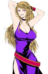 Rule 34 | 1girl, armpits, arms behind head, arms up, blonde hair, bracelet, breasts, choker, cleavage, cowboy shot, fatal fury, garou mark of the wolves, grin, highres, jenet behrn, jewelry, large breasts, long hair, garou: mark of the wolves, osakana e, purple eyes, smile, snk, solo, standing, the king of fighters