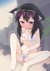 Rule 34 | 1girl, animal ear fluff, animal ears, ayanepuna, beach, bikini, black hair, blue bikini, blue nails, blush, breasts, collarbone, commentary request, commission, eyewear on head, female ejaculation, female ejaculation through clothes, female masturbation, full body, hair between eyes, hand in bikini, highres, knee up, long hair, masturbation, nail polish, navel, nipples, nose blush, one breast out, open mouth, original, outdoors, purple-tinted eyewear, purple eyes, pussy juice, pussy juice stain, round eyewear, sitting, skeb commission, small breasts, solo, sound effects, spread legs, stained clothes, striped bikini, striped clothes, sunglasses, swimsuit, tinted eyewear, toenail polish, toenails, variant set, vrchat
