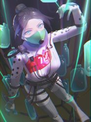 Rule 34 | 1girl, animification, apex legends, black background, black hair, blood, blood bag, blue eyes, bodysuit, breasts, cable, floating hair, from above, gloves, grey gloves, hair bun, highres, looking at viewer, mask, medium breasts, mouth mask, official alternate costume, parted bangs, peso (honopesopeso), quarantine 722 wraith, solo, white bodysuit, wraith (apex legends)