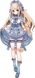 Rule 34 | 1girl, artist request, bisque (monster musume), blonde hair, blue eyes, blue footwear, curtsey, doll joints, dress, frilled dress, frills, hairband, joints, lolita fashion, lolita hairband, long hair, mary janes, monster musume no iru nichijou, monster musume no iru nichijou online, official art, shoes, socks, solo, striped clothes, striped legwear, striped socks, transparent background, vertical-striped clothes, vertical-striped socks, very long hair, white dress