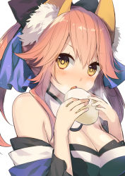 Rule 34 | 10s, 1girl, animal ears, baozi, bare shoulders, blush, breasts, chestnut mouth, cleavage, eating, fate/extra, fate (series), food, holding, holding food, long hair, looking at viewer, open mouth, pink hair, shironboako, solo, steam, tamamo (fate), tamamo no mae (fate/extra), upper body, white background, yellow eyes