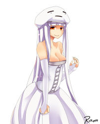 Rule 34 | 1girl, at2., bare shoulders, blunt bangs, breasts, cleavage, collarbone, dress, elbow gloves, fingerless gloves, ghast, gloves, highres, large breasts, long hair, looking at viewer, minecraft, mole, mole under eye, off-shoulder dress, off shoulder, personification, red eyes, solo, white dress, white gloves, white hair