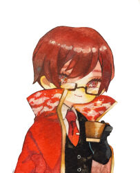 Rule 34 | 1boy, black gloves, black jacket, cape, closed mouth, collared shirt, commentary request, cup, glasses, gloves, highres, holding, holding cup, jacket, library of ruina, long sleeves, male focus, miris (project moon), mochigome 138, painting (medium), project moon, rectangular eyewear, red cape, red eyes, red hair, shirt, short hair, simple background, smile, solo, tie clip, traditional media, upper body, watercolor (medium), white background, white shirt