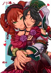 Rule 34 | 2girls, akira kou, amy sorel, black hair, bracelet, breasts, cheek-to-cheek, clothing cutout, commentary request, commission, drill hair, closed eyes, fingernails, flower, gothic lolita, green eyes, hairband, hat, heads together, heart, highres, hug, hug from behind, jewelry, lolita fashion, lolita hairband, multiple girls, non-web source, red hair, rose, shoulder cutout, skeb commission, small breasts, soul calibur, soulcalibur, soulcalibur vi, talim, twin drills