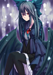 Rule 34 | 1girl, absurdres, black hair, black pantyhose, black wings, bow, closed mouth, commentary request, feet out of frame, green bow, hair bow, highres, long hair, looking at viewer, pantyhose, partial commentary, puffy sleeves, red eyes, reiuji utsuho, sitting, skirt, solo, tenamaru, third eye, touhou, v arms, wings