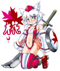 Rule 34 | 1girl, alternate costume, animal ears, blush, boots, detached sleeves, female focus, full body, hat, highres, inubashiri momiji, shield, short hair, silver hair, solo, sukiyo, sword, thigh boots, thighhighs, tokin hat, touhou, weapon, white background, wolf ears, yellow eyes