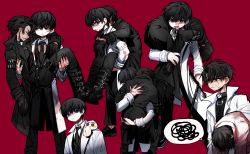 Rule 34 | 2boys, :t, belt, black coat, black eyes, black footwear, black gloves, black hair, black neckwear, blood, blue eyes, boots, carrying, carrying over shoulder, closed eyes, coat, gloves, highres, hug, kim dokja, long sleeves, looking at another, male focus, multiple boys, multiple views, omniscient reader&#039;s viewpoint, popped collar, red background, scar, scar on face, scratches, shirt, short (lout), short hair, sideways glance, simple background, squiggle, standing, sweat, sword, weapon, white coat, white shirt, yaoi, yoo joonghyuk
