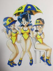 Rule 34 | 1980s (style), 3girls, bare legs, bare shoulders, black hair, blue hair, breasts, bulma, chi-chi (dragon ball), dragon ball, female focus, figure, large breasts, legs, long hair, lunch (dragon ball), multiple girls, retro artstyle, one-piece swimsuit, photo (medium), retro artstyle, shoes, short shorts, shorts, smile, swimsuit, traditional media, yellow one-piece swimsuit