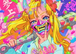 Rule 34 | 1girl, absurdres, blonde hair, blue cardigan, blue eyes, bow, bowtie, candy, cardigan, chama kou, club, club (weapon), collared shirt, earrings, eyelashes, floating hair, flower, food, green shirt, gyaru, hair flower, hair ornament, hair scrunchie, hairclip, hand up, highres, holding club, holding weapon, horns, jelly bean, jewelry, long hair, mask, mouth mask, nail polish, ninja mask, oni, oni horns, oni mask, original, over shoulder, scrunchie, shirt, solo, spiked club, upper body, v, weapon, weapon over shoulder, x hair ornament