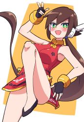 Rule 34 | 1girl, absurdres, aile (mega man zx), bare shoulders, blush, breasts, brown hair, buzzlyears, china dress, chinese clothes, dress, green eyes, highres, large breasts, legs, long hair, mega man (series), mega man zx, mega man zx advent, ponytail, red dress, robot ears, simple background