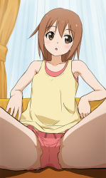 Rule 34 | 1girl, :o, anitore! ex, arm support, bare shoulders, blush, breasts, brown eyes, brown hair, crotch, curtains, drawstring, haruyama kazunori, head tilt, hoshi asami, indoors, looking at viewer, open mouth, reclining, short hair, shorts, sidelocks, sitting, sleeveless, small breasts, solo, spread legs, tank top, tareme, thighs, upshorts