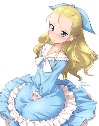 Rule 34 | 1girl, assam (girls und panzer), blonde hair, blue dress, blue eyes, blue ribbon, blush, closed mouth, collar, collared dress, commentary, dated, dress, formal, frilled collar, frilled dress, frilled sleeves, frills, frown, girls und panzer, hair pulled back, hair ribbon, hands on lap, highres, kuzuryuu kennosuke, layered dress, long hair, long sleeves, looking at viewer, medium dress, neck ribbon, one-hour drawing challenge, parted lips, ribbon, shadow, simple background, sitting, solo, twitter username, v arms, white background, white ribbon