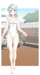 Rule 34 | 1girl, absurdres, asymmetrical bangs, barefoot, bench, blue sky, breasts, cameltoe, casual one-piece swimsuit, covered navel, day, flower, frilled one-piece swimsuit, frilled swimsuit, frills, full body, grey hair, hair flower, hair ornament, hairband, highleg, highleg swimsuit, highres, kantai collection, long hair, official alternate costume, one-piece swimsuit, outdoors, park bench, purple eyes, sagiri (kancolle), side-tie swimsuit, sky, small breasts, solo, standing, swept bangs, swimsuit, takafumi, white one-piece swimsuit