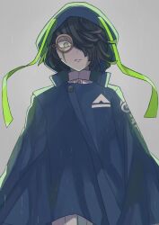 Rule 34 | 1boy, black hair, cloak, commentary request, facial tattoo, green eyes, grey background, hair over one eye, highres, hood, hood up, hooded cloak, ikuragunkandon, looking at viewer, male focus, master detective archives: rain code, monocle, seth burroughs, shirt, short hair, simple background, solo, tattoo, white shirt