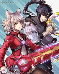 Rule 34 | 1boy, 1girl, animal ears, black hair, blue eyes, breasts, cat ears, chakram, chest jewel, collarbone, cosplay, costume switch, gzei, hair tie, highres, jacket, leggings, long hair, looking at viewer, mio (xenoblade), mio (xenoblade) (cosplay), monolith soft, noah (xenoblade), noah (xenoblade) (cosplay), pantyhose, ponytail, red jacket, shirt, short hair, simple background, small breasts, sword, weapon, white hair, xeno (series), xenoblade chronicles (series), xenoblade chronicles 3, yellow eyes