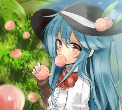 Rule 34 | 1girl, bad id, bad twitter id, blue hair, bow, day, eating, food, food in mouth, fruit, hat, highres, hinanawi tenshi, long hair, looking at viewer, mouth hold, outdoors, peach, red eyes, solo, touhou, tree, upper body, yuhito (ablbex)
