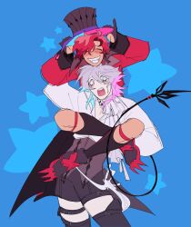 2boys absurdres bishounen black_gloves black_thighhighs blue_eyes blue_hair blurry blurry_background blush carrying commentary curtained_hair eyelashes gavis_bettel gavis_bettel_(1st_costume) gloves grey_hair hair_between_eyes happy hashtag-only_commentary hat heterochromia highres holostars holostars_english jacket leg_lock leg_wrap looking_at_viewer machina_x_flayon machina_x_flayon_(1st_costume) male_focus mechanical_tail medium_hair multicolored_hair multiple_boys neostellar open_mouth piggyback pink_eyes pink_hair red_hair red_jacket shirt short_hair side_part smile star_(symbol) surprised tail thigh_strap thighhighs top_hat virtual_youtuber