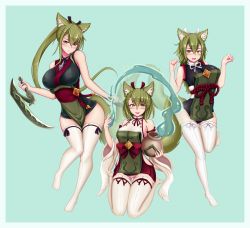 Rule 34 | 3girls, :d, animal ears, arm blade, bare shoulders, beige legwear, black ribbon, blade, blush, border, breasts, clenched hands, closed mouth, commentary, detached sleeves, english commentary, expressionless, eyes visible through hair, full body, fur, green background, green hair, green tail, hair between eyes, hair ribbon, highres, holding, holding pot, japanese clothes, kamaitachi (monster girl encyclopedia), large breasts, legs, long hair, long sleeves, looking at viewer, magic, medium hair, monster girl, monster girl encyclopedia, multiple girls, open mouth, orange eyes, panties, paw pose, pelvic curtain, ponytail, pot, red ribbon, ribbon, sash, seiza, short hair, sickle, simple background, sitting, sleeveless, smile, standing, standing on one leg, tail, thighhighs, twintails, underwear, water, weapon, white border, white ribbon, wide sleeves, wlper