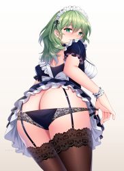 Rule 34 | 1girl, ass, banglinh1997, blue panties, blush, breasts, brown thighhighs, butt crack, byleth (female) (fire emblem), byleth (fire emblem), clothes lift, colored eyelashes, come hither, fire emblem, fire emblem: three houses, from behind, garter belt, green eyes, green hair, headdress, highres, huge ass, large breasts, long hair, looking at viewer, maid, maid headdress, naughty face, nintendo, panties, panties over garter belt, shiny skin, sideboob, simple background, skirt, skirt hold, skirt lift, smile, solo, thighhighs, underwear