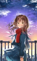 Rule 34 | 1girl, antenna hair, arm at side, bad id, bad pixiv id, bag, blouse, blue neckerchief, blue sailor collar, blue shirt, blue skirt, blush, breath, brown eyes, brown hair, cityscape, clothes lift, cloud, commentary request, cowboy shot, floating hair, from side, gradient sky, h shai, hand on railing, highres, long hair, long sleeves, looking at viewer, looking to the side, medium skirt, neckerchief, original, outdoors, parted lips, pleated skirt, railing, rain, red scarf, sailor collar, scarf, school bag, school uniform, serafuku, shirt, skirt, skirt lift, sky, solo, wind, wind lift