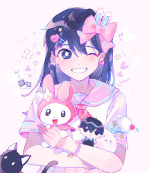 Rule 34 | 1girl, alternate costume, aubrey (faraway) (omori), aubrey (omori), black cat, black eyes, black fur, black hair, blush, bow, bracelet, cat, character doll, cherry, crossed arms, crossover, earrings, flower, food, fruit, grin, hair bow, hair ornament, hairclip, heart, heart bracelet, heart earrings, heart hair ornament, highres, ice cream, iro (mywife sunny), jewelry, long hair, looking at viewer, mewo, milkshake bunny, musical note, my melody, neckerchief, omori, one eye closed, onegai my melody, parted lips, photo (object), pink skirt, rabbit, red neckerchief, sanrio, school uniform, shirt, skirt, smile, smiley face, solo, sparkle, star (symbol), star hair ornament, sunny (omori), teeth, white background, white fur, white shirt, wink