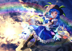 Rule 34 | 1girl, :d, absurdres, back bow, black headwear, blouse, blue hair, blue skirt, boots, bow, brown footwear, buttons, commentary request, cross-laced footwear, frilled skirt, frills, happy, highres, hinanawi tenshi, keystone, long hair, nettian51, on rock, open mouth, peach hat ornament, puffy short sleeves, puffy sleeves, rainbow order, red eyes, shirt, short sleeves, sitting, skirt, smile, solo, touhou, waist bow, white shirt