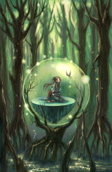 Rule 34 | 1girl, bug, butterfly, fantasy, floating, forest, bug, mizusawa hikaru, nature, original, scenery, solo, sparkle, orb, tree, water