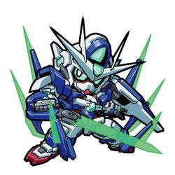 Rule 34 | 00 qan[t], bit (gundam), black eyes, chibi, colored sclera, commentary, full body, gn drive, green sclera, gundam, gundam 00 a wakening of the trailblazer, holding, holding sword, holding weapon, king of unlucky, looking at viewer, mecha, multiple swords, no humans, robot, sd gundam, shield, solo, sword, v-fin, weapon, white background