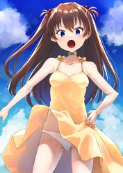 Rule 34 | 1girl, :o, bad id, bad pixiv id, bare arms, bare shoulders, blue eyes, blue sky, breasts, brown hair, cardigan, clothes lift, cloud, collarbone, commentary request, day, dress, dress lift, gluteal fold, grey cardigan, groin, hair between eyes, hand on own hip, highres, long hair, looking at viewer, medium breasts, neon genesis evangelion, open mouth, outdoors, panties, sky, sleeveless, sleeveless dress, solo, souryuu asuka langley, tamaki fuyu, two side up, underwear, v-shaped eyebrows, very long hair, white panties, wind, wind lift, yellow dress