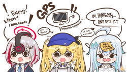 Rule 34 | 3girls, amatsuka uto, assault rifle, blonde hair, blue bow, blue bowtie, blue eyes, blue hair, blue hat, blue jacket, blue necktie, bow, bowtie, chibi, commentary, dokibird (vtuber), dress, dtto., english commentary, gun, hair ornament, hat, headphones, hitominty, indie virtual youtuber, jacket, light blue hair, long hair, multicolored hair, multiple girls, necktie, open mouth, red eyes, red hair, reject (esports), rifle, shirt, short hair, skull hair ornament, twintails, utaite, virtual youtuber, weapon, white dress, white hair, white shirt