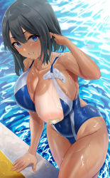 Rule 34 | 1girl, absurdres, adjusting hair, areola slip, bandaid, bandaids on nipples, bare shoulders, black hair, blue eyes, blue one-piece swimsuit, blush, breasts, cleavage, collarbone, competition swimsuit, covered erect nipples, covered navel, dark-skinned female, dark skin, female focus, from above, grin, hair between eyes, highleg, highleg swimsuit, highres, hotate-chan, huge breasts, large breasts, looking at viewer, looking to the side, medium hair, mole, mole on breast, mole under mouth, object in clothes, object in swimsuit, one-piece swimsuit, one-piece tan, one breast out, original, pasties, pool, poolside, short hair, skindentation, smile, solo, swim cap, unworn swim cap, swimsuit, tan, tanline, thighs, water, water drop, wet