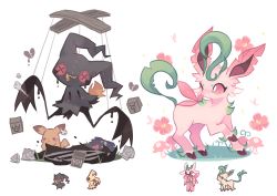 Rule 34 | bad id, bad tumblr id, banette, charamells, commentary, creature, creatures (company), english commentary, flower, fusion, game freak, gen 1 pokemon, gen 2 pokemon, gen 3 pokemon, gen 4 pokemon, gen 7 pokemon, gengar, grass, highres, leafeon, lurantis, marionette, mimikyu, multiple fusions, mushroom, nintendo, no humans, pikachu, pink eyes, pokemon, pokemon (creature), puppet, simple background, translated, unown, unown h, unown w, unown y, unownglyphics, white background