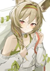 Rule 34 | 1girl, arknights, azuazu 0405, beanstalk (arknights), beanstalk (gift uncompleted) (arknights), bell, blush, braid, brown hair, collar, frilled collar, frills, green hairband, green nails, green shirt, hair between eyes, hair ornament, hairband, hairclip, highres, holding, holding ribbon, hyena ears, hyena girl, long hair, looking at viewer, nail polish, neck bell, official alternate costume, red eyes, red hairband, red nails, red ribbon, ribbon, shirt, simple background, single bare shoulder, sketch, smile, solo, star (symbol), star hair ornament, striped clothes, striped hairband, sweater, two-tone nails, upper body, white background, white collar, white sweater