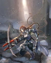 Rule 34 | 1girl, armor, axe, blue eyes, bow (weapon), braid, bridge, brown hair, couter, crack, cracked floor, crossbow, dual wielding, fantasy, full body, gauntlets, greaves, ground shatter, highres, holding, long hair, on one knee, original, overskirt, plate armor, quad braids, ruins, solo, sunlight, takayama dan, weapon