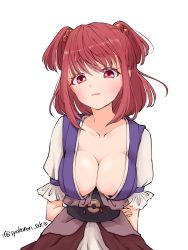 Rule 34 | 1girl, absurdres, arms behind back, breasts, cleavage, coin, hair bobbles, hair ornament, highres, large breasts, looking at viewer, obi, onozuka komachi, red eyes, red hair, sash, short hair, short sleeves, shouko (airen), simple background, solo, touhou, twitter username, two side up, upper body, white background