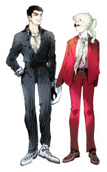 Rule 34 | 2boys, ascot, bespectacled, black gloves, black hair, blonde hair, fashion, formal, giorno giovanna, glasses, gloves, guido mista, hat, holding, holding clothes, holding hat, jojo no kimyou na bouken, male focus, multiple boys, pinstripe pattern, pinstripe suit, ponytail, red suit, striped, suit, unworn hat, unworn headwear, vento aureo, vertical stripes, zakki