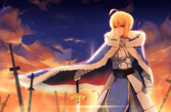 Rule 34 | 1girl, absurdres, ahoge, armor, armored dress, artist request, artoria pendragon (fate), blonde hair, blue eyes, cape, cloud, excalibur (fate/stay night), fate/stay night, fate (series), field of blades, flag, fur-trimmed cape, fur trim, gauntlets, highres, saber (fate), sky, solo, sword, type-moon, weapon