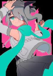 Rule 34 | 1girl, a.i. voice, absurdres, adachi rei, alternate costume, alternate eye color, alternate hair color, aqua eyes, aqua scarf, arm up, black background, black ribbon, black shirt, commentary request, cracked skin, detached sleeves, empty eyes, floating hair, from behind, furrowed brow, grey hair, grey jacket, grey skirt, grey sleeves, hair ornament, hair ribbon, hairclip, hand on headwear, highres, iridescent, jacket, light frown, looking at viewer, looking back, one eye covered, pink background, raised eyebrows, ribbon, sakuma pita, scarf, shirt, shirt tucked in, side ponytail, skirt, sleeveless, sleeveless jacket, sleeveless shirt, solo, trashcan lid, two-tone background, utau, vhs artifacts, wind