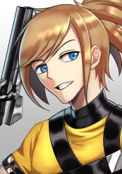 Rule 34 | 1boy, absurdres, amamiya saki, blonde hair, blue eyes, grin, gun, highres, looking to the side, male focus, ponytail, shirt, short sleeves, silverchariotx, sin and punishment, smile, solo, upper body, weapon, yellow shirt