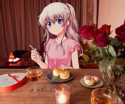 Rule 34 | 1girl, 2d dating, alcohol, blouse, blue eyes, box, buddha, candle, charlotte (anime), collarbone, cup, curtains, dessert, doughnut, drinking glass, fire, fire, flower, food, food request, fork, grey hair, hair between eyes, heart, heart-shaped box, heart-shaped food, highres, holding, holding fork, liquor, long hair, looking at viewer, partially immersed, photo (medium), pink shirt, red flower, rose, shirt, short sleeves, sidelocks, smile, snack, solo, sprinkles, table, tareme, tomori nao, water