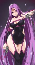 Rule 34 | 1girl, absurdly long hair, artist name, bare shoulders, black dress, black sleeves, black thighhighs, breasts, cleavage, cleavage cutout, clothing cutout, collarbone, detached sleeves, dress, facial mark, fate/grand order, fate (series), forehead mark, highres, large breasts, long hair, looking at viewer, medusa (fate), medusa (rider) (fate), medusa (rider) (third ascension) (fate), nameless dagger (fate), oliver koito, parted bangs, purple eyes, purple hair, revealing clothes, short dress, solo, strapless, strapless dress, thighhighs, very long hair