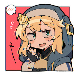 Rule 34 | 1boy, androgyne symbol, aqua eyes, black gloves, blonde hair, blush, bridget (guilty gear), commentary request, fingerless gloves, flying sweatdrops, gloves, guilty gear, guilty gear strive, habit, hood, hood up, hooded jacket, index finger raised, itsuka neru, jacket, looking at viewer, male focus, medium hair, open clothes, open mouth, raglan sleeves, red background, scratching cheek, spoken blush, translated, trap