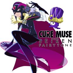 Rule 34 | 10s, 1girl, black bodysuit, black gloves, bodysuit, brooch, cape, cat, character name, cure muse, cure muse (black), dodory, full body, gloves, heart, jewelry, magical girl, mask, precure, purple eyes, seiren (suite precure), shin (irowanioedo), shiny clothes, shirabe ako, suite precure
